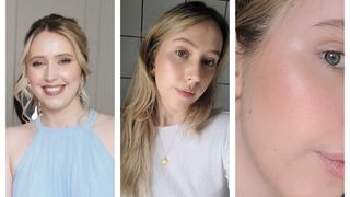 Three pictures, including one close up of Beauty Writer, Naomi Jamieson wearing the Hourglass Ambient Lighting powder Volume 1 palette