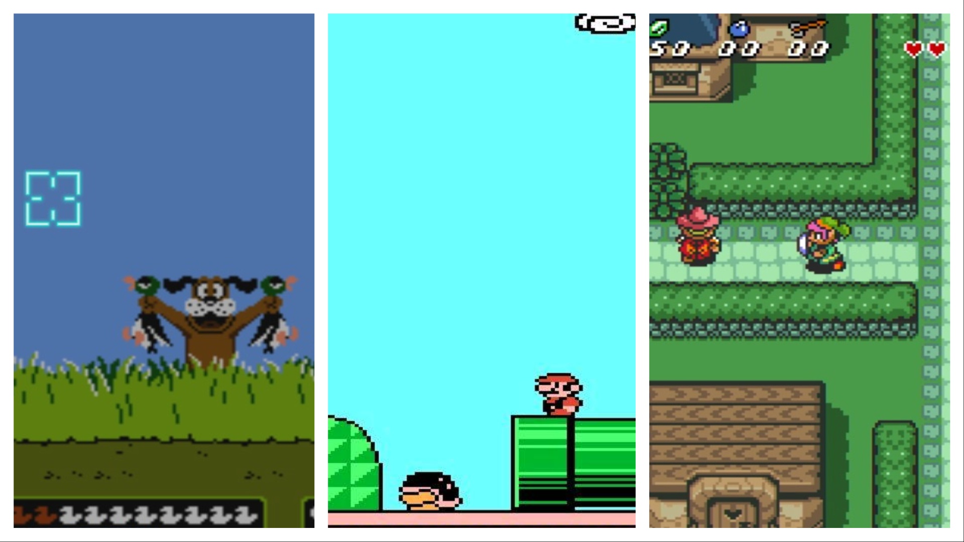 Screenshots from three games sliced together: Duck hunt, Mario Bros. 3 and The Legend of Zelda: A link to the Past 