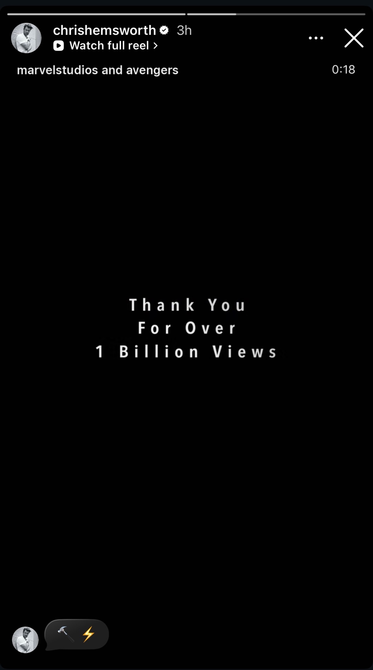 Chris Hemsworth reposted the "Thank you for over 1 billion views" message about Avengers: Doomsday. He commented with hammer and lightning emojis.