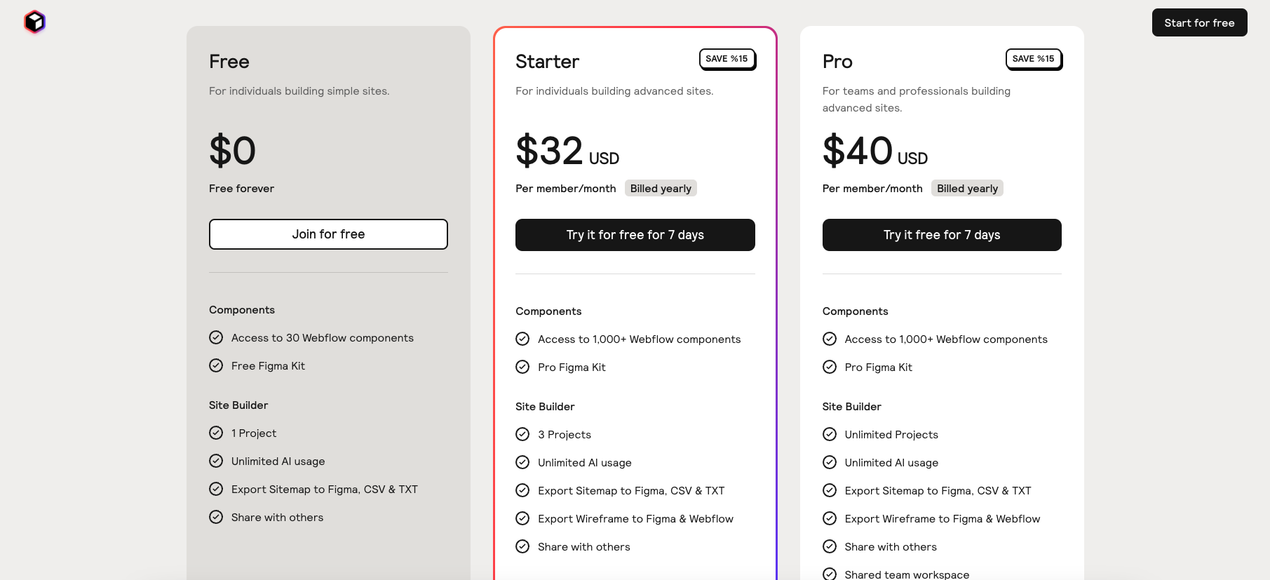 screenshot of relume pricing page