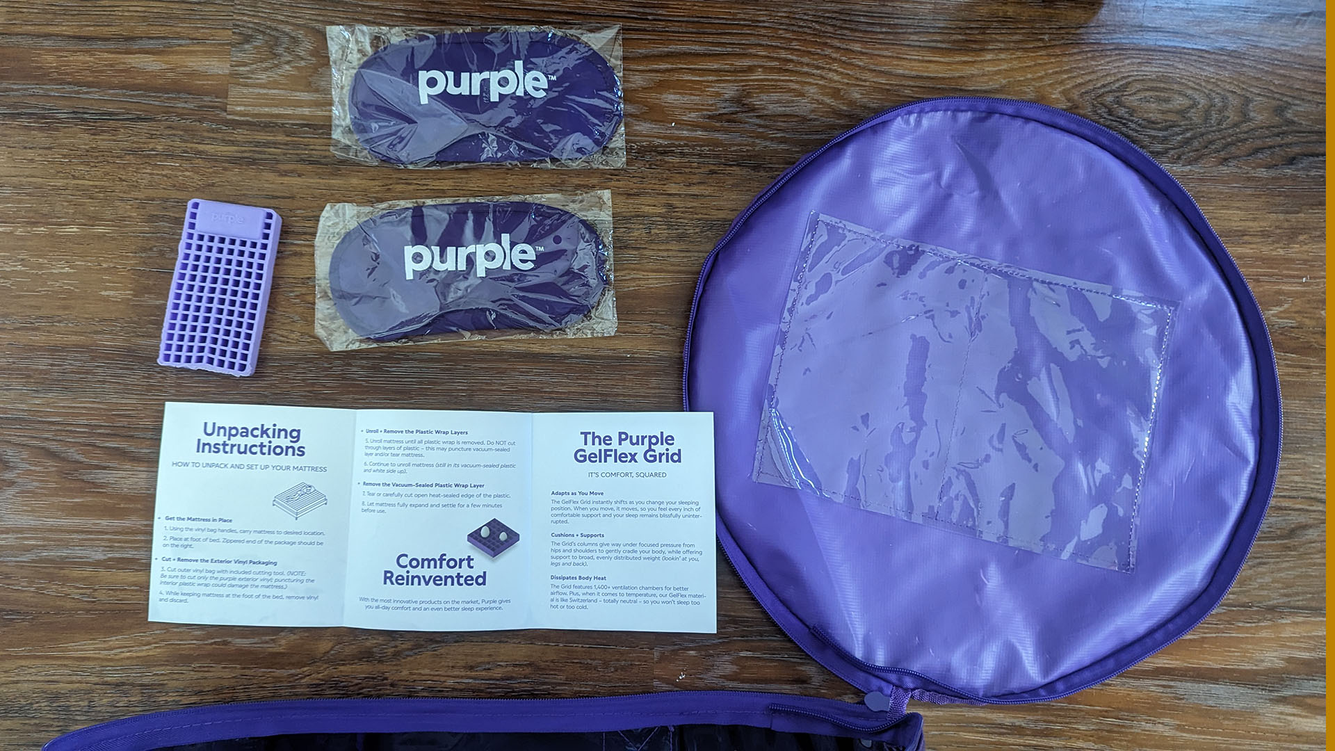 Purple NewDay mattress instructions plus two free sleep masks