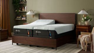 The image shows the Tempur Pedic Tempur ProAdapt mattress on a brown bed foundation against a sage green wall