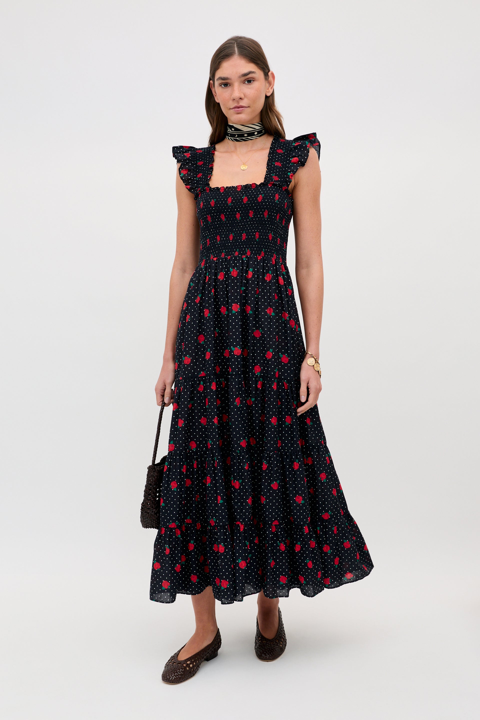 Kendall Cotton Midi Dress in Rose Spot Black