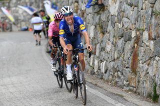 ALPE DI MERA VALSESIA ITALY MAY 28 Joao Almeida of Portugal and Team Deceuninck QuickStep Egan Arley Bernal Gomez of Colombia and Team INEOS Grenadiers Pink Leader Jersey in breakaway during the 104th Giro dItalia 2021 Stage 19 a 166km stage from Abbiategrasso to Alpe di Mera Valsesia 1531m Stage modified due to the tragic events on May the 23rd 2021 that involved the Mottarone Cableway UCIworldtour girodiitalia Giro on May 28 2021 in Alpe di Mera Valsesia Italy Photo by Tim de WaeleGetty Images