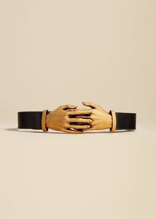 The Sculpted Hands Belt in Black Leather With Antique Gold
