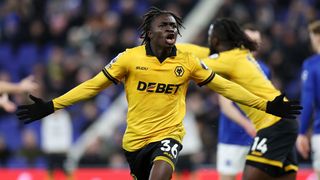 Mateus Mane of Wolverhampton Wanderers celebrates scoring his team's first goal during the Premier League match between Everton and Wolverhampton Wanderers at Hill Dickinson Stadium on January 07, 2026 in Liverpool, England. 