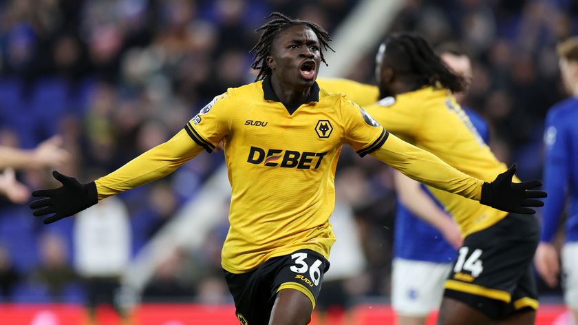 Mateus Mane of Wolverhampton Wanderers celebrates scoring his team's first goal during the Premier League match between Everton and Wolverhampton Wanderers at Hill Dickinson Stadium on January 07, 2026 in Liverpool, England. 