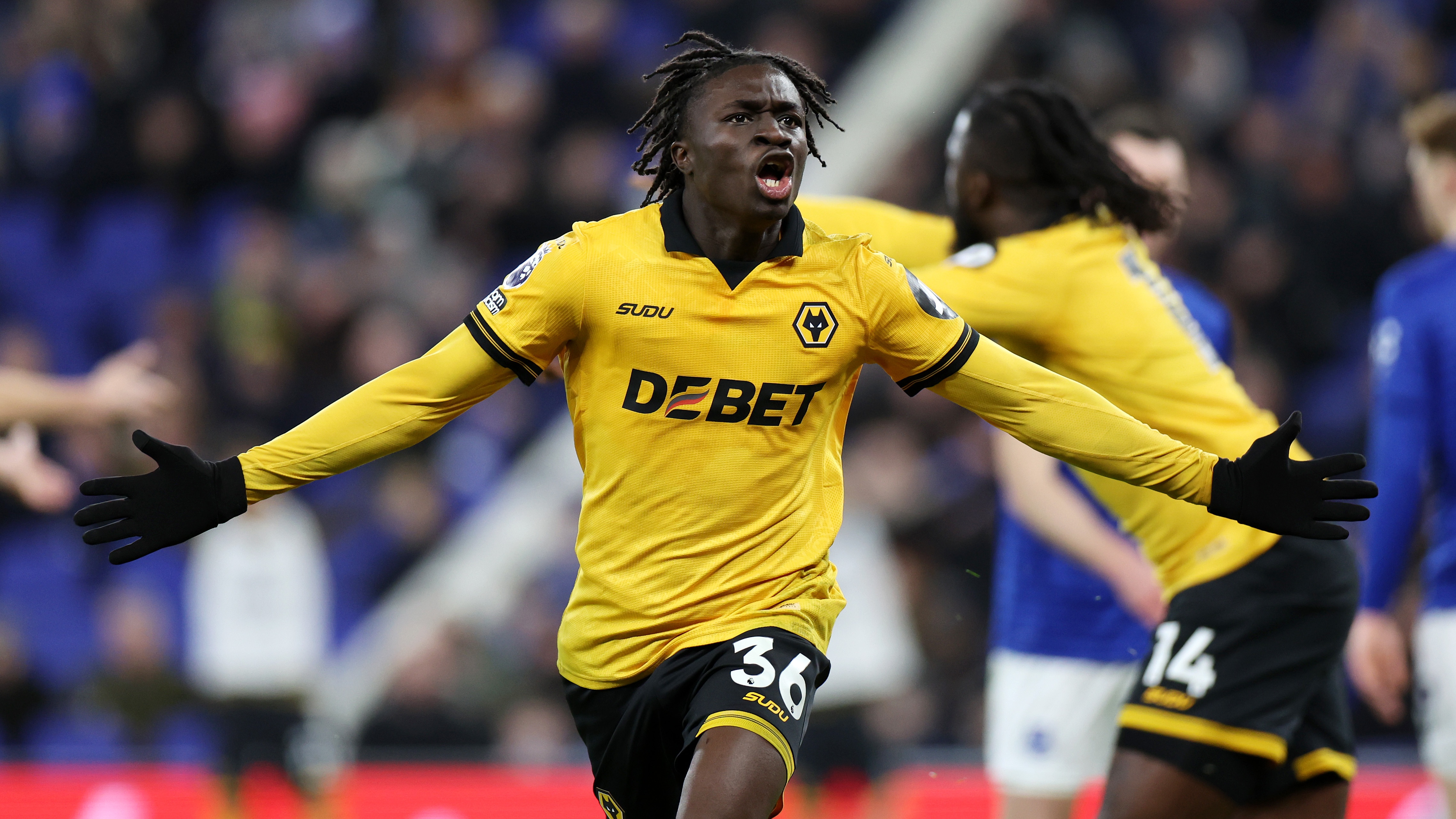 Mateus Mane of Wolverhampton Wanderers celebrates scoring his team's first goal during the Premier League match between Everton and Wolverhampton Wanderers at Hill Dickinson Stadium on January 07, 2026 in Liverpool, England. 