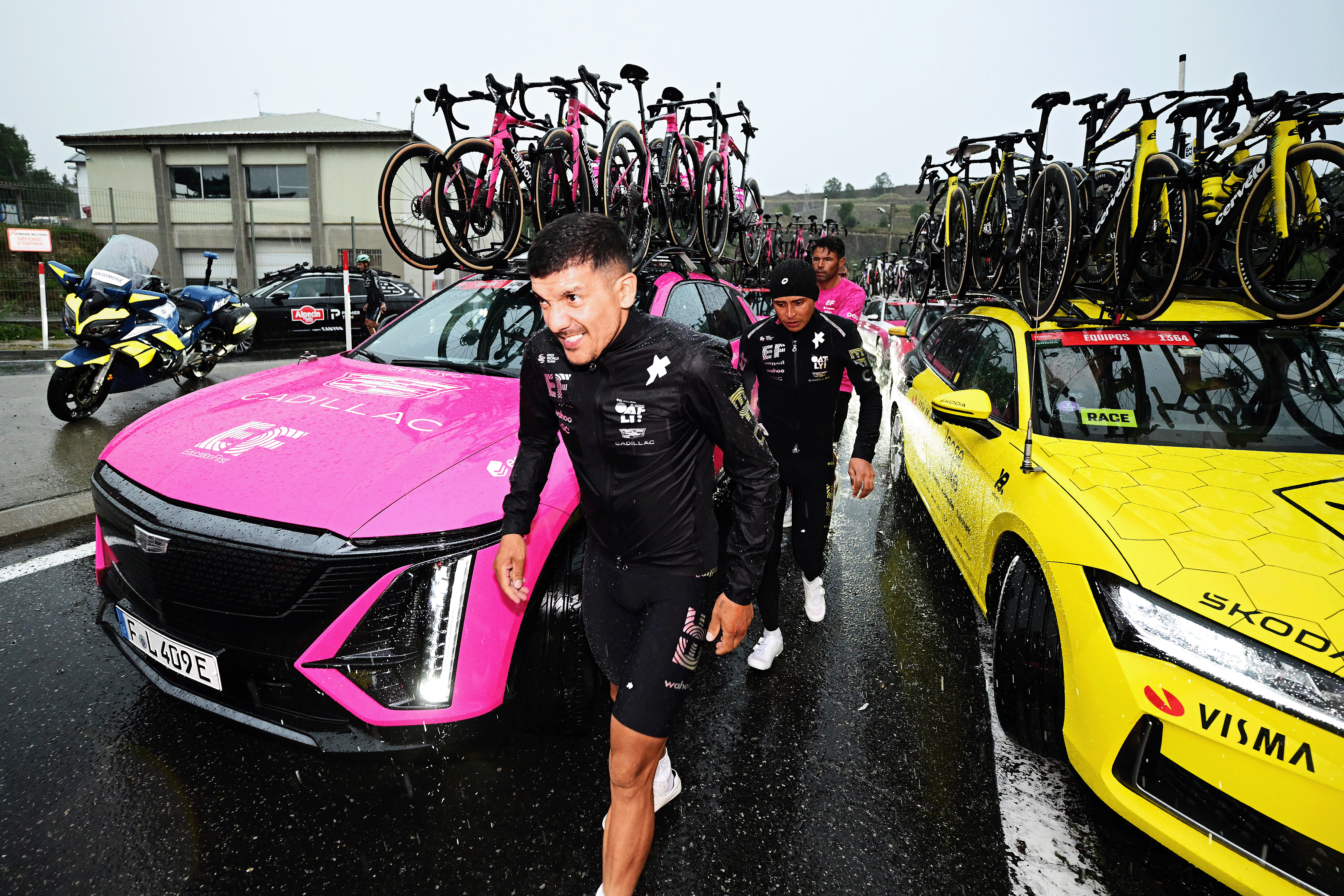 Richard Carapaz of Ecuador and Team EF Education - EasyPost reacts after the cancellation of the stage due to a hailstorm during the La Vuelta - 81st Tour of Spain 2026, Stage 3 a 174km from Gruissan - Aude to Font Romeu 1941m / The stage is cancelled due to extreme weather conditions / #UCIWT / on August 24, 2026 in Font Romeu, France. (Photo by Tim de Waele/Getty Images)