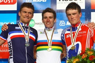 U23 road race medalists (l-r): Adrien Petit (France), Arnaud Demare (France), Andrew Fenn (Great Britain)