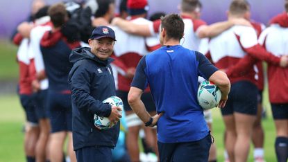 England head coach Eddie Jones oversees a training session in Fuchu, Tokyo