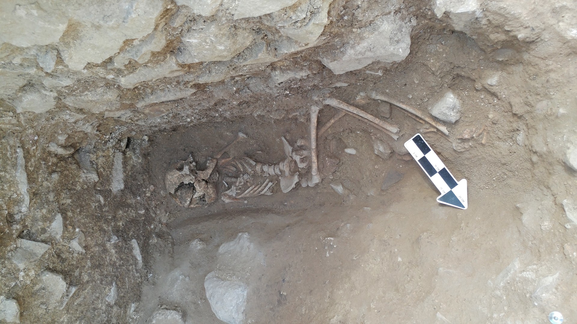 One of the burials found in the 1,600-year-old cemetery. It is a human skeleton laid on its side.
