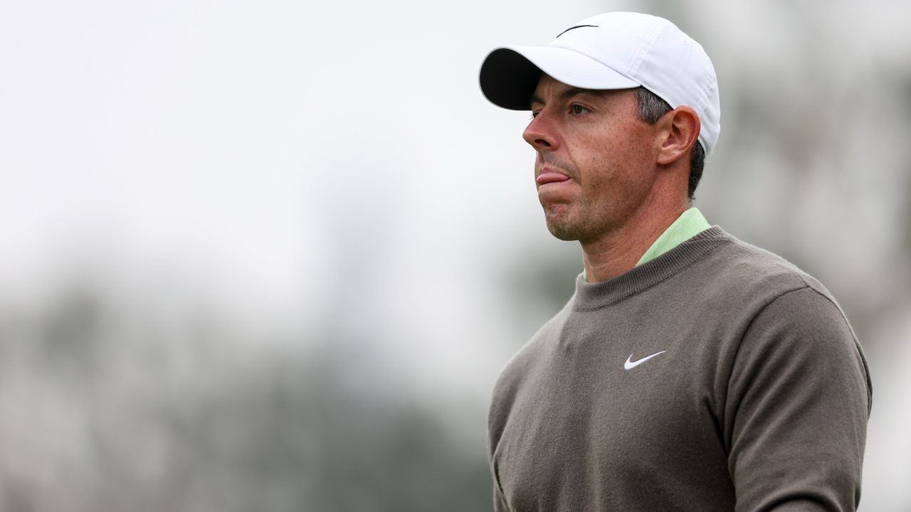 Rory McIlroy of Northern Ireland looks on while on the third hole green during the third round of The Genesis Invitational at Riviera Country Club on February 17, 2024