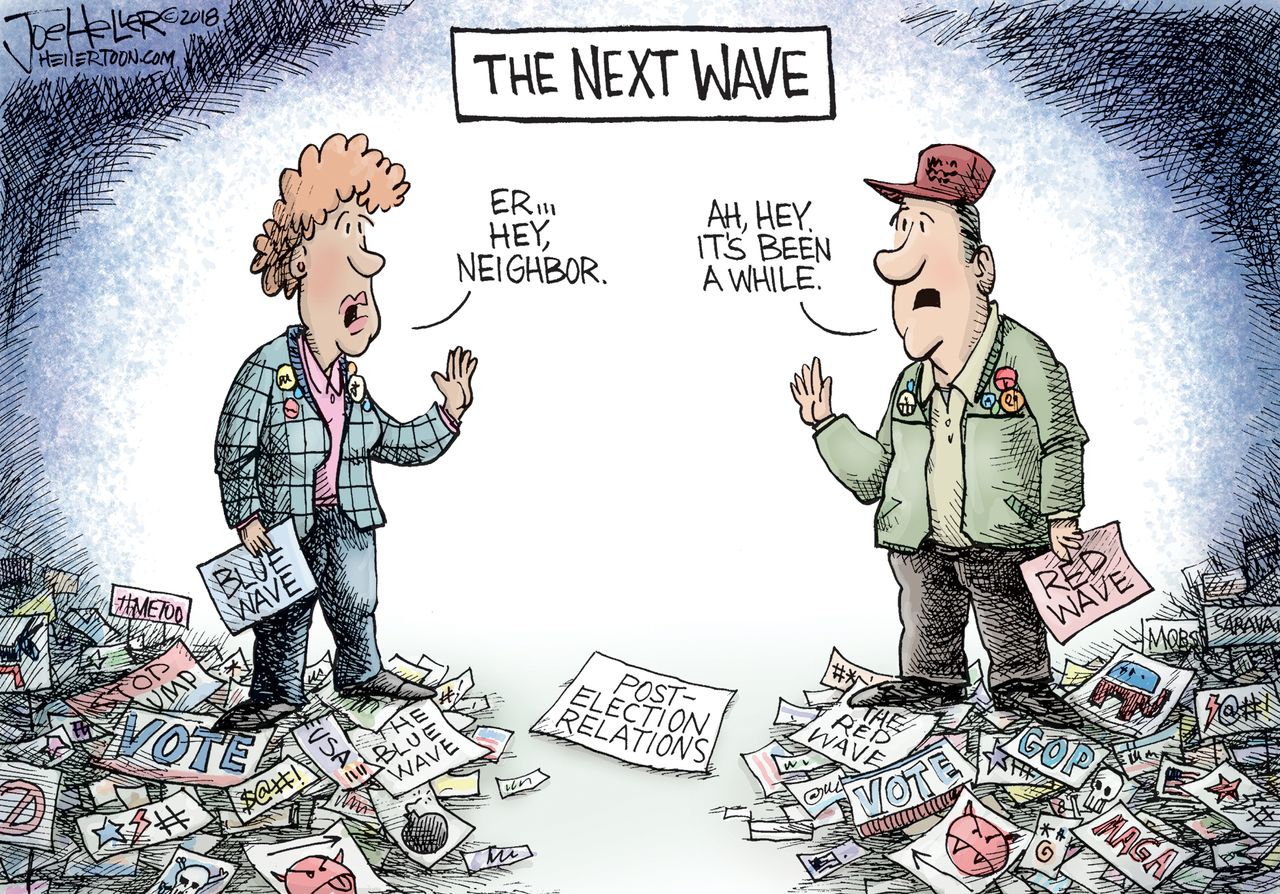 Political cartoon U.S. the next wave post-election relations neighbors blue red midterms