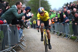 HARELBEKE BELGIUM MARCH 22 Wout van Aert of Belgium and Team Visma Lease a Bike competes in the chase group passing through the Oude Kwaremont cobblestones sector while fans cheer during the 67th E3 Saxo Bank Classic Harelbeke 2024 a 2076km one day race from Harelbeke to Harelbeke UCIWT on March 22 2024 in Harelbeke Belgium Photo by Tim de WaeleGetty Images