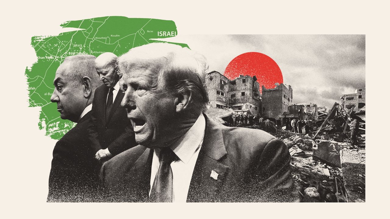 Photo composite illustration of Donald Trump, Joe Biden and Benjamin Netanyahu with a scene of Gaza