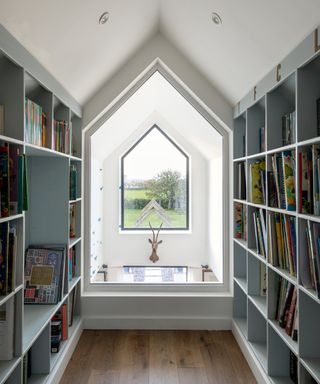 bookcases leading to window with section of glass floor