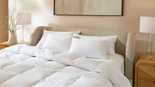 Saatva Down Bedding Collection in a brightly lit room