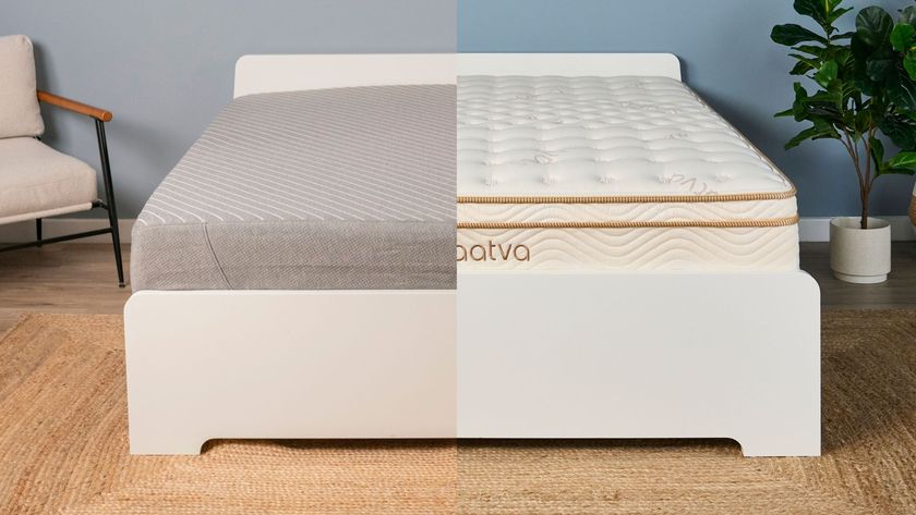 A split screen of the cheap Siena mattress and the luxury Saatva Classic 