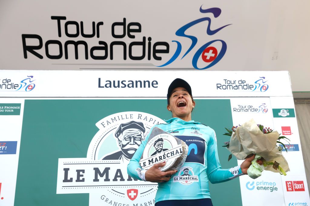 LAUSANNE SWITZERLAND OCTOBER 07 Arlenis Sierra Caadilla of Cuba and Movistar Team Women celebrates at podium as green leader jersey winner during the 1st Tour de Romandie Feminin 2022 Stage 1 a 1344km stage from Lausanne to Lausanne TDRwomen TDRF on October 07 2022 in Lausanne Switzerland Photo by Bas CzerwinskiGetty Images