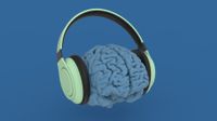 Human brain listens to yellow headphones isolated view on blue background 3d render image