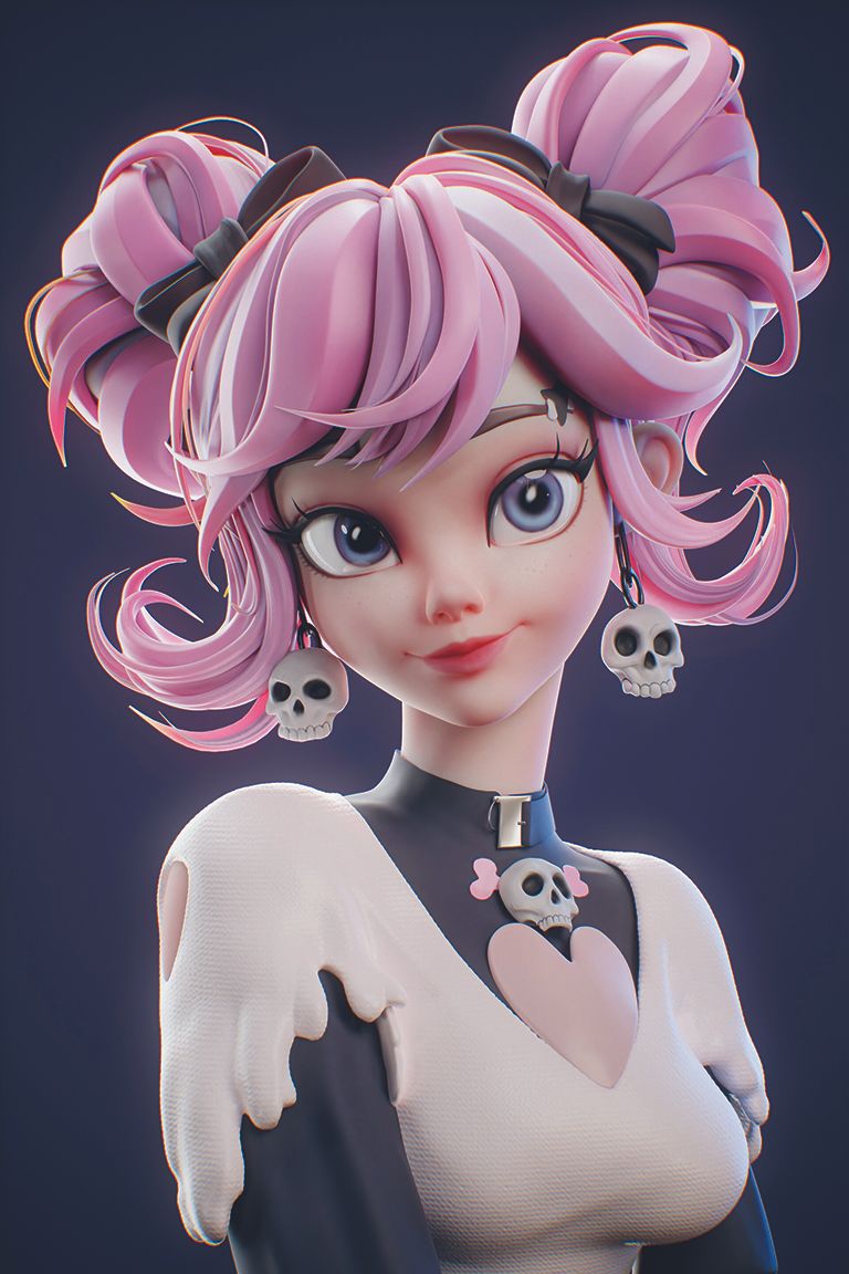 Personagem 3D estilizado Pastel & Bones com ênfase em formas de cabelo