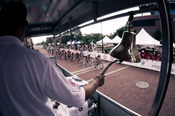 Riders get the bell at the USPRO Criterium Championships.