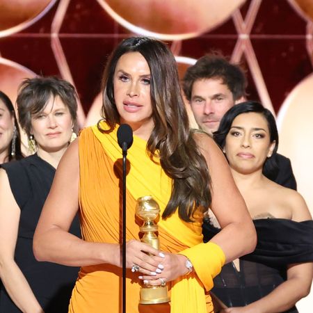 the cast and crew of emilia perez including karla sofia gascon accepts the best picture musical comedy win at the 2025 golden globes