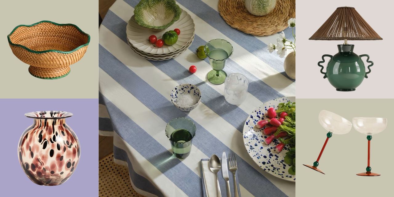 Image of a blue and white striped tablecloth with white, blue, and green tableware set on it. Around the center image are four product box images of a rattan basket, a vase, a green lamp with wavy handles, and champagne flutes.