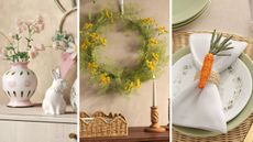 Trio of Easter vignettes pictured side by side, including ceramic hand-painted bunnies, vases, woven accents, and a yellow floral decorative wreath