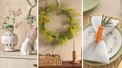 Trio of Easter vignettes pictured side by side, including ceramic hand-painted bunnies, vases, woven accents, and a yellow floral decorative wreath