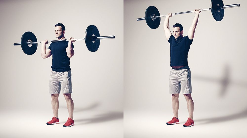 Man demonstrates two positions of the overhead press using a barbell