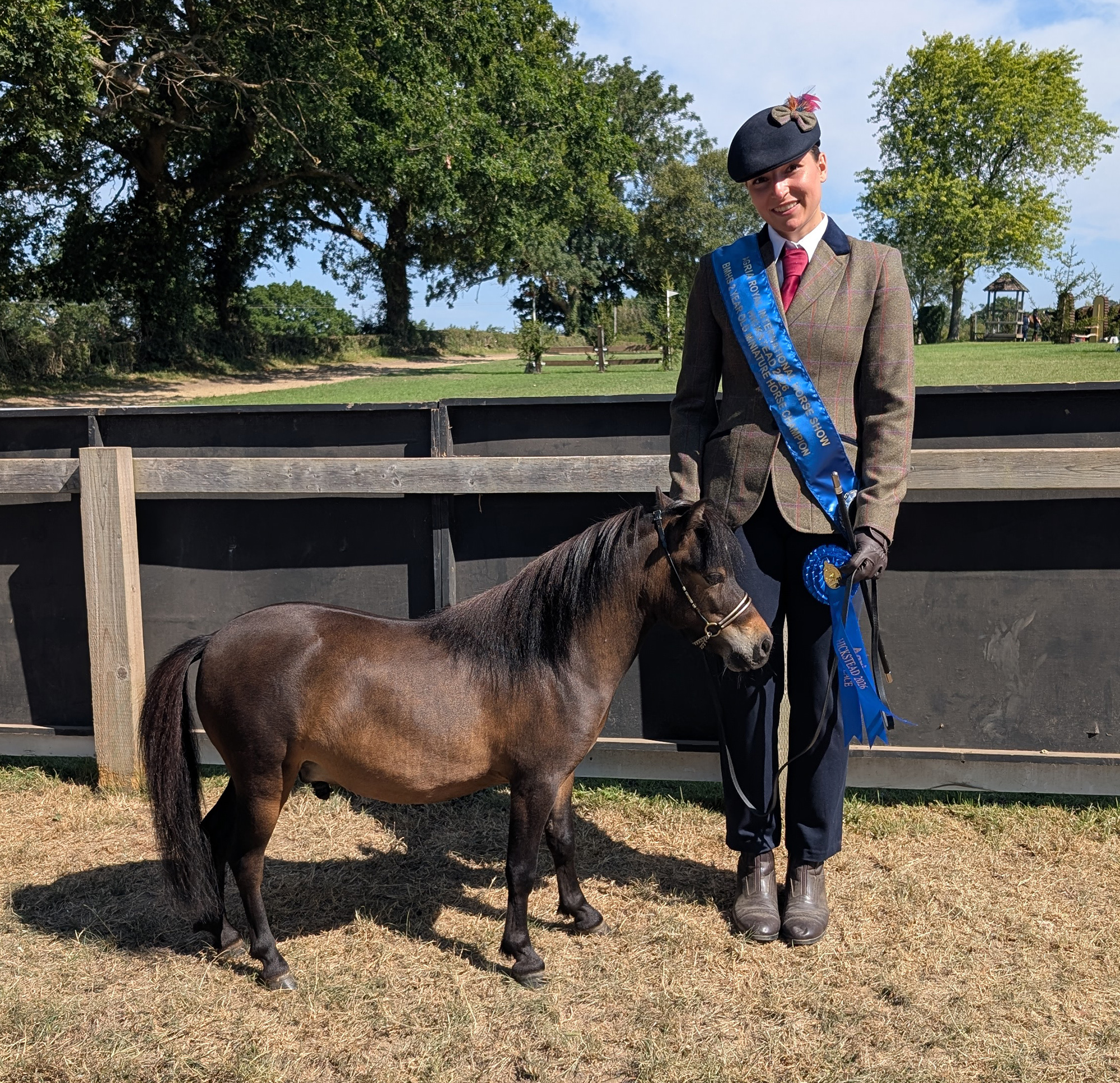 A two-year-old bay miniature horse with his handler who is wearing a blue winner&amp;rsquo;s sash and holding her rosette