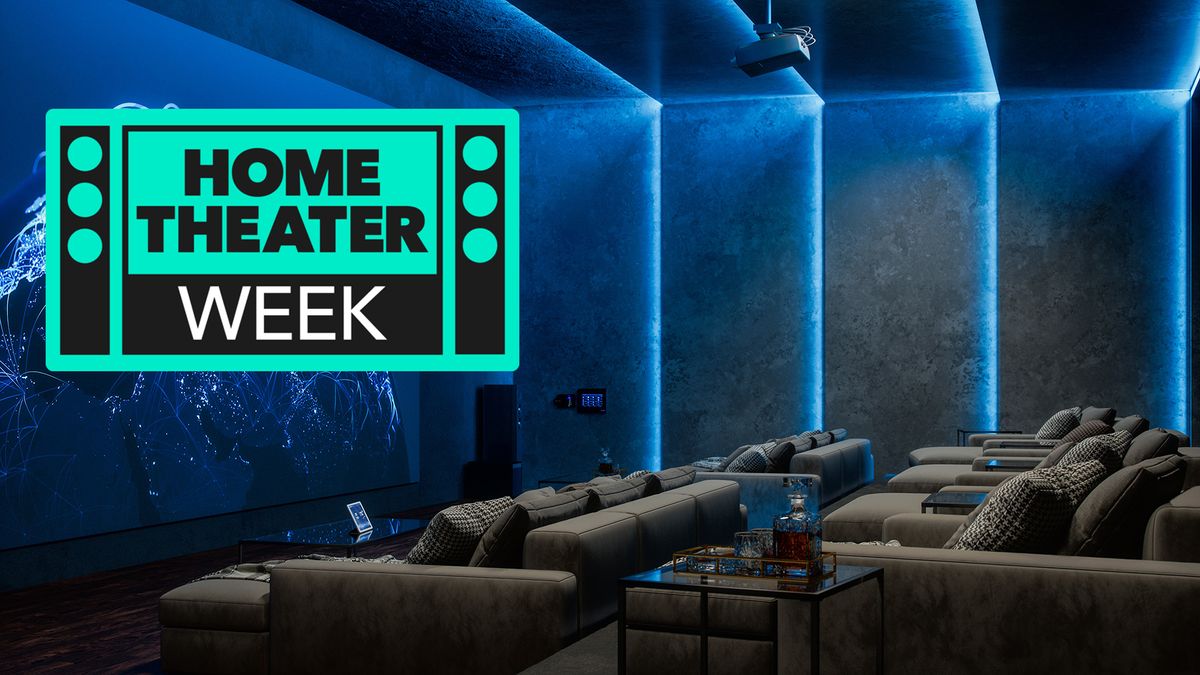 A home theater with blue lighting strips, with a logo for &#039;Home Theater Week&#039;