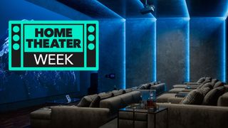 A home theater with blue lighting strips, with a logo for &#039;Home Theater Week&#039;