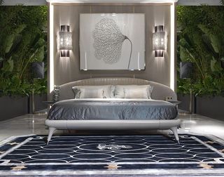 Leather upholstered bed with satin bedspread and foliage in the background