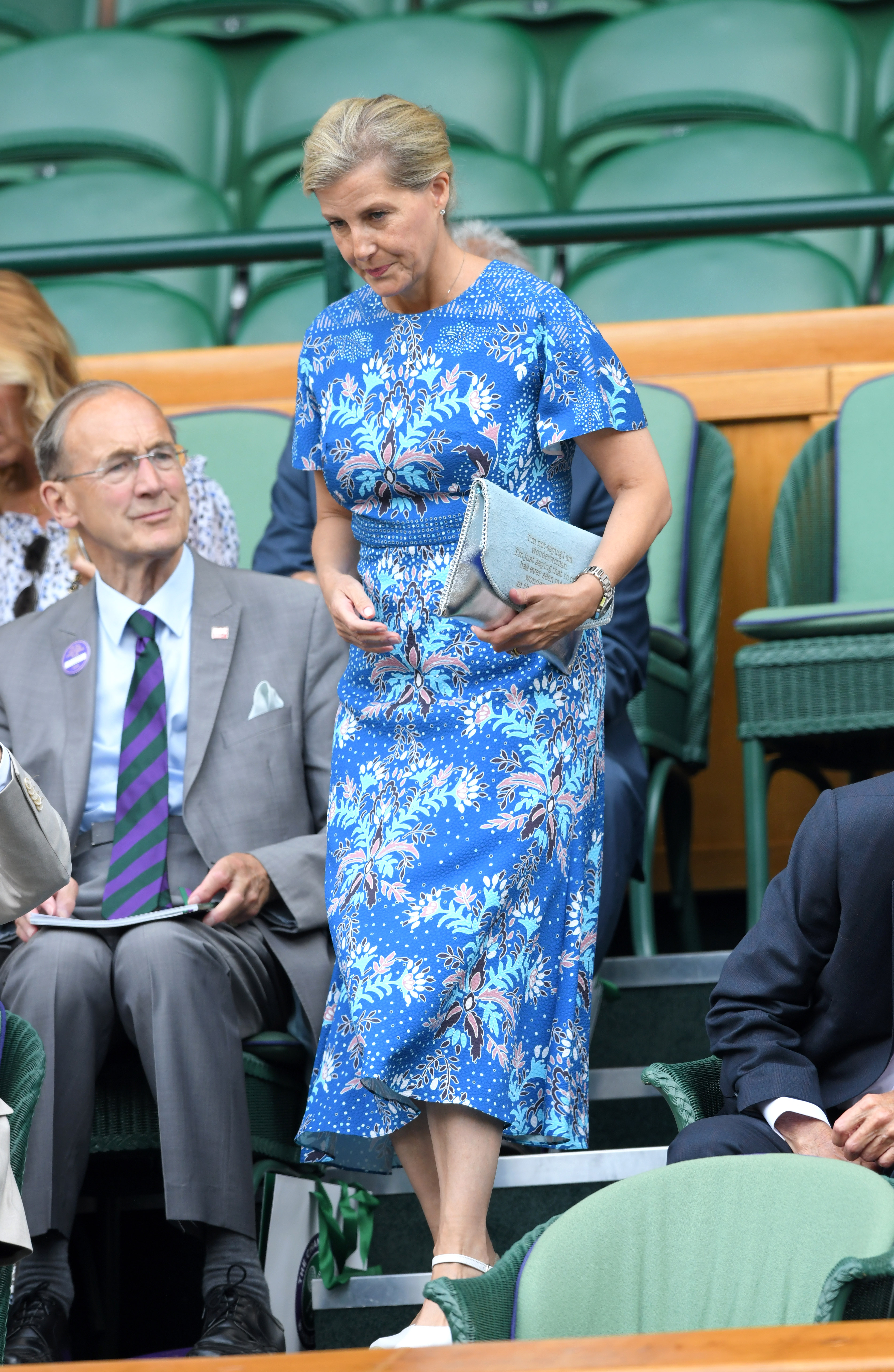 Duchess sophie wearing a blue dress at Wimbledon 2019 walking to her seat