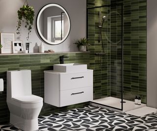 dark green bathroom tiles on walls black and white geometric tiles on floor