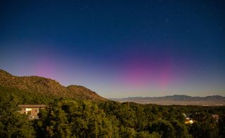 Northern lights appear as ribbons of green with large red pillars through the star studded sky.