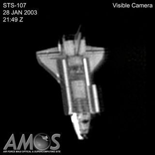 Image of space shuttle Columbia in orbit during mission STS-107 were taken by the U.S. Air Force Maui Optical and Supercomputing (AMOS) site on Jan. 28, four days before Columbia's re-entry, as the spacecraft flew above the island of Maui in the Hawaiian Islands.