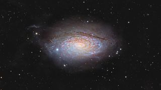 The spiral 'Sunflower Galaxy' is pictured hanging against a black, star-strewn background. The galaxy features a bright core, with chaotic blueish spiral arms emanating outwards.