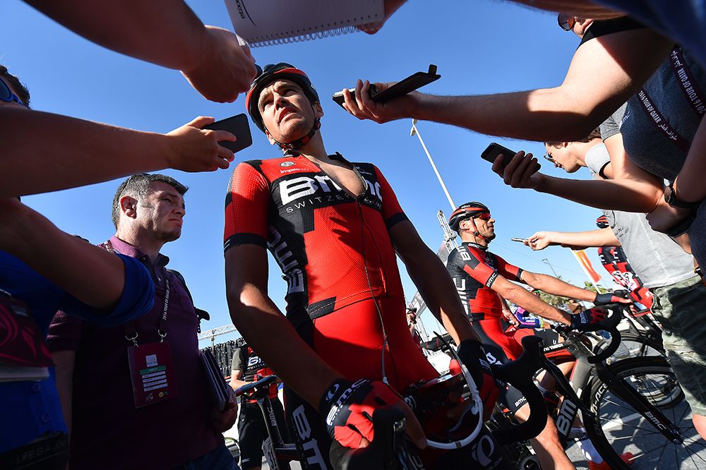 Greg Van Avermaet talks to the press