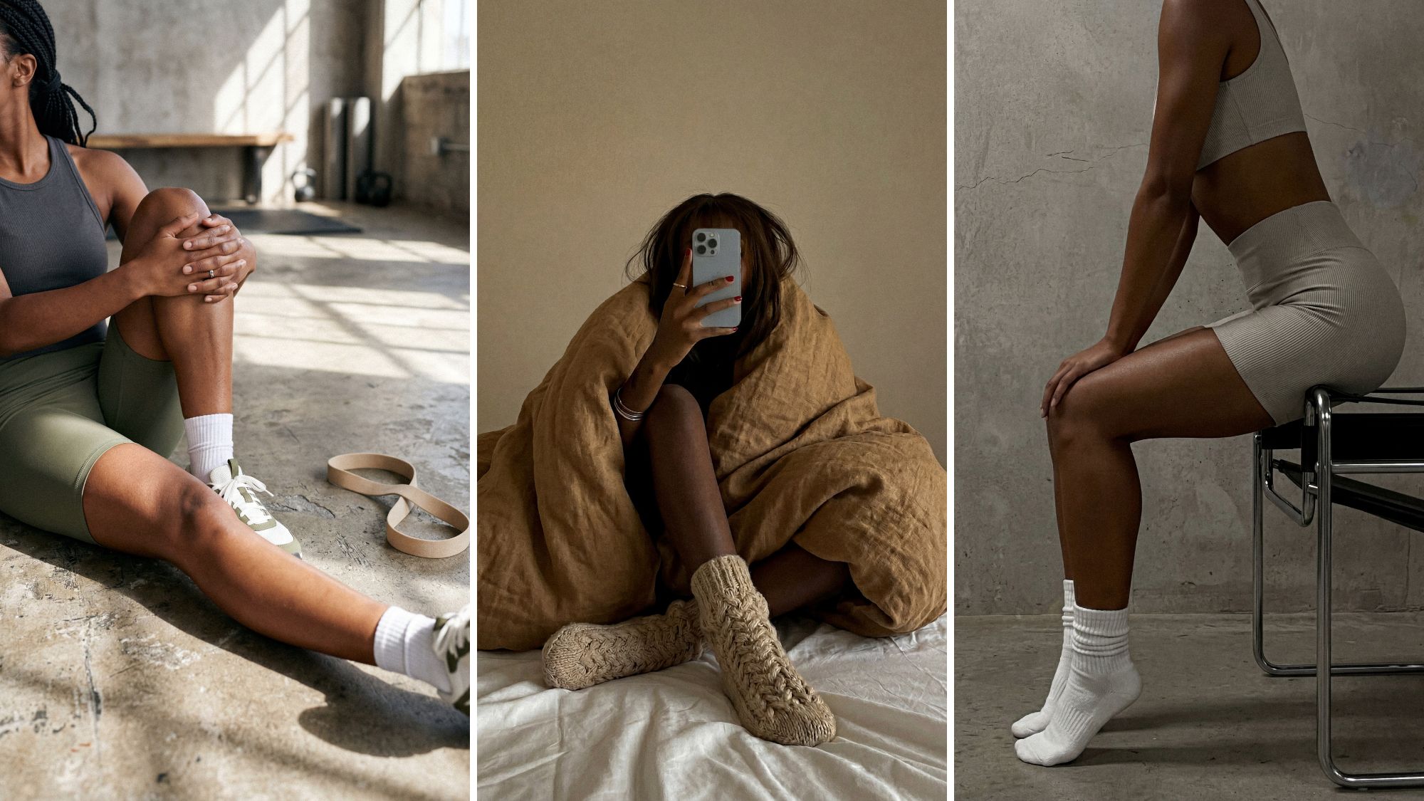 A woman stretching, curled up in bed, and working out