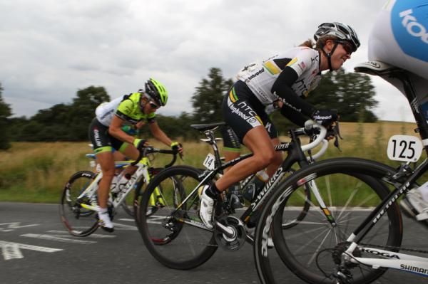 Stage winner from yesterday, Amanda Miller (HTC-HighRoad) struggles on the climb today