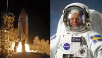 two images: on the left, a winged space shuttle launches on the back of a large orange rocket; on the right, a man smiles for a portrait in a white spacesuit with a clear glass visor