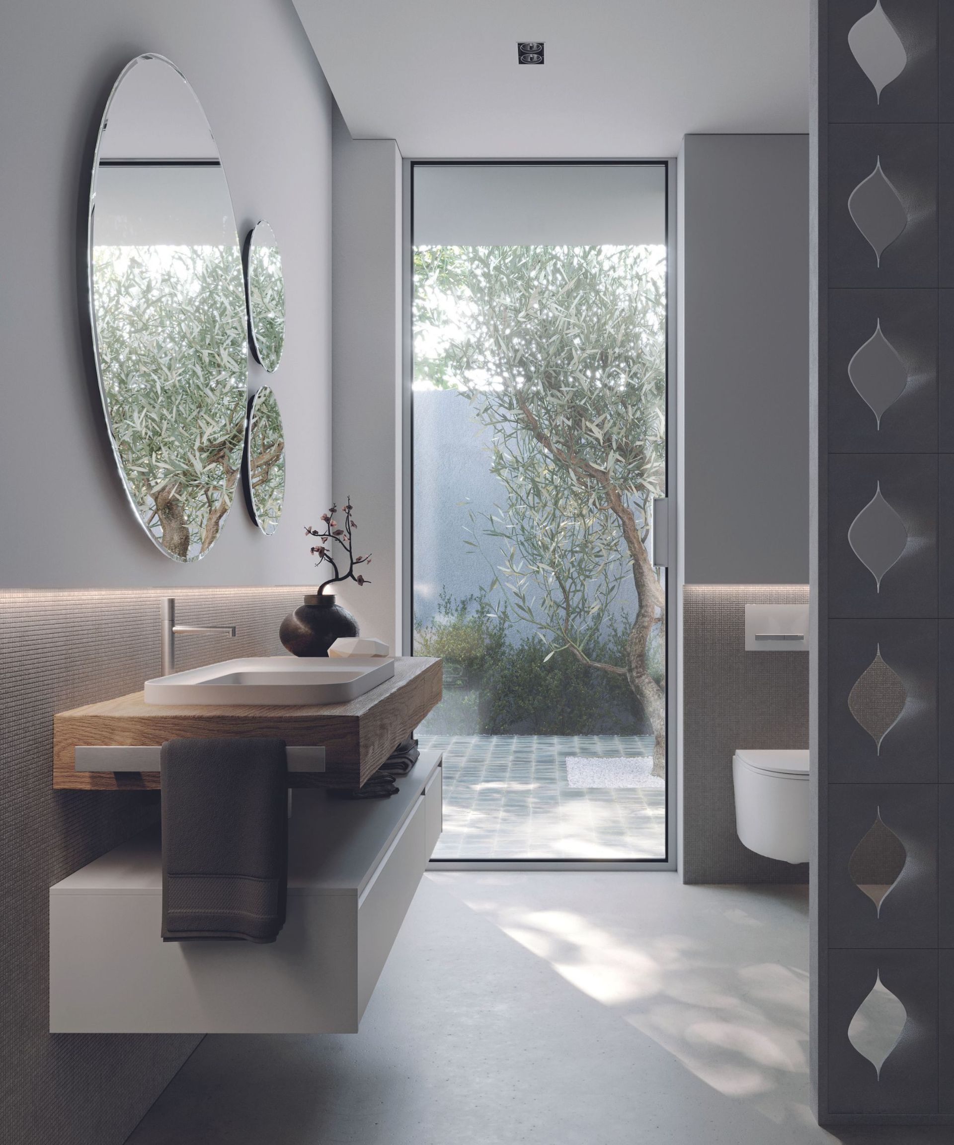 Bathroom with countertop on vanity in foreground