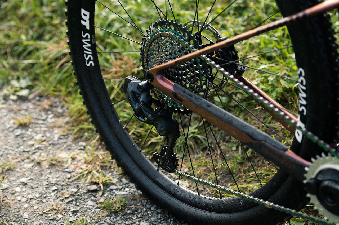 SRAM AXS 1x12 at the back and Kate makes it spins faster than any of us ever could
