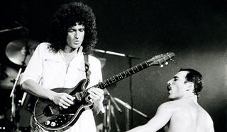 Queen&#039;s Brian May (left) and Freddie Mercury perform onstage at London&#039;s Wembley Arena on May 9, 1984