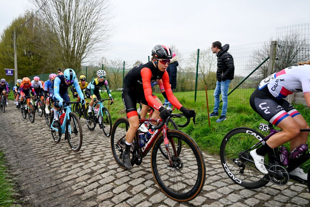 OUDENAARDE BELGIUM APRIL 02 Cecilie Uttrup Ludwig of Denmark and Team FDJSuez competes passing through a cobblestones sector during the 20th Ronde van Vlaanderen Tour des Flandres 2023 Womens Elite a 1566km one day race from Oudenaarde to Oudenaarde UCIWWT on April 02 2023 in Oudenaarde Belgium Photo by Luc ClaessenGetty Images