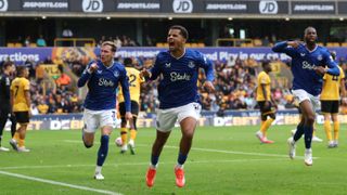 Iliman Ndiaye celebrates scoring Everton's second goal vs Wolves as he taunts the away fans.